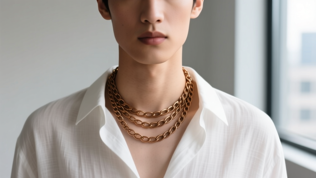 Person wearing a layered bronze chain necklace over a white linen shirt, showing how the warm metal complements natural skin tones