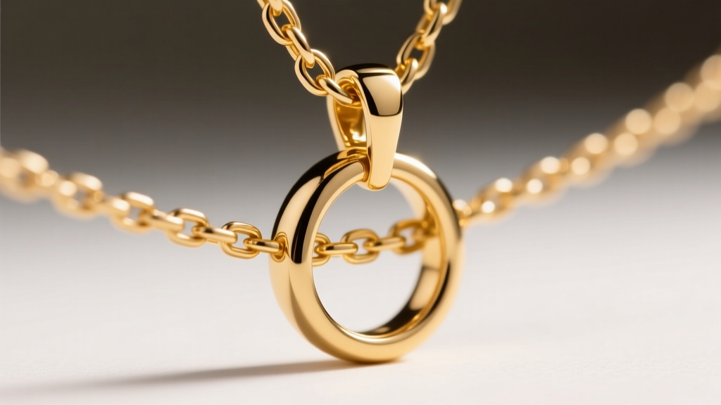 Macro shot of a 1.2mm 14k gold box chain threading through an 18mm circular ring pendant, highlighting the secure lobster clasp.