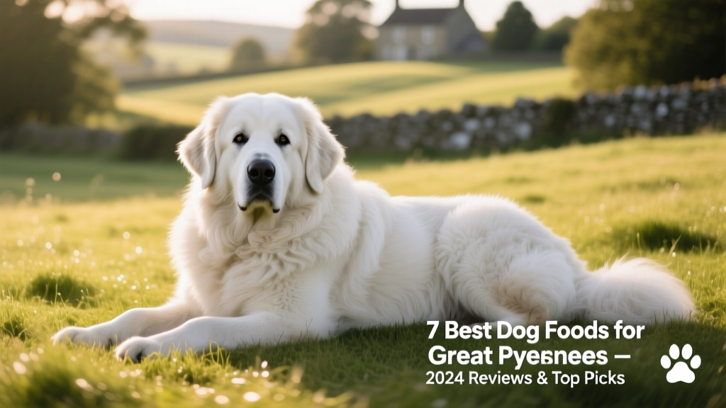 Great Pyrenees resting peacefully on grass, showcasing their thick white double coat and calm demeanor