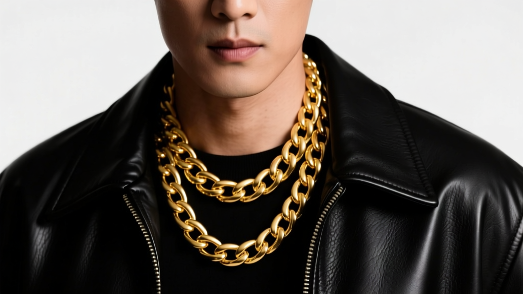 Close-up of a man wearing thick layered 14k yellow gold Cuban link chains resting on a black leather jacket under studio lighting