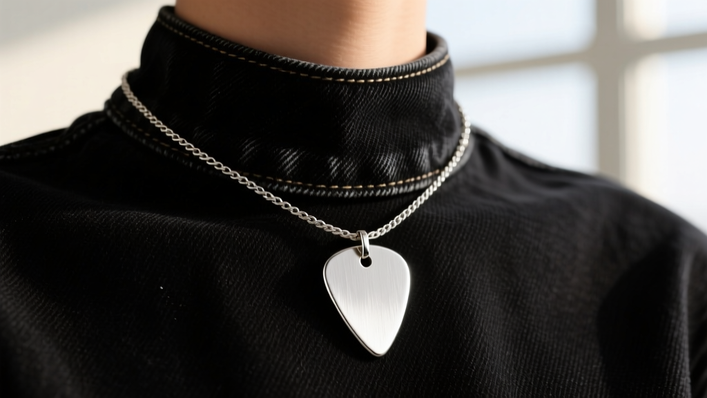 Sterling silver guitar plectrum necklace on black denim, featuring a brushed finish and delicate cable chain in soft light.
