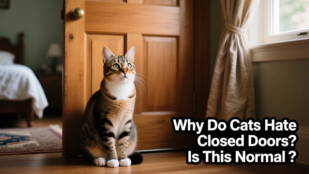 A curious cat sitting intently in front of a closed bedroom door, paws tucked neatly, ears perked forward