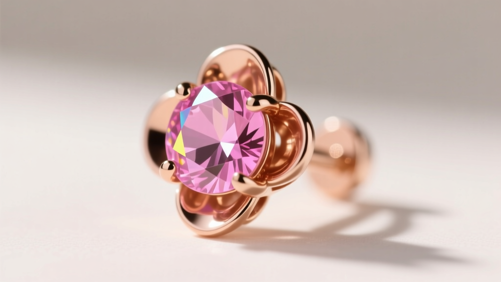 Macro shot of a pink sapphire rose gold floral earring, highlighting the precise prong setting and faceted gemstone refraction.