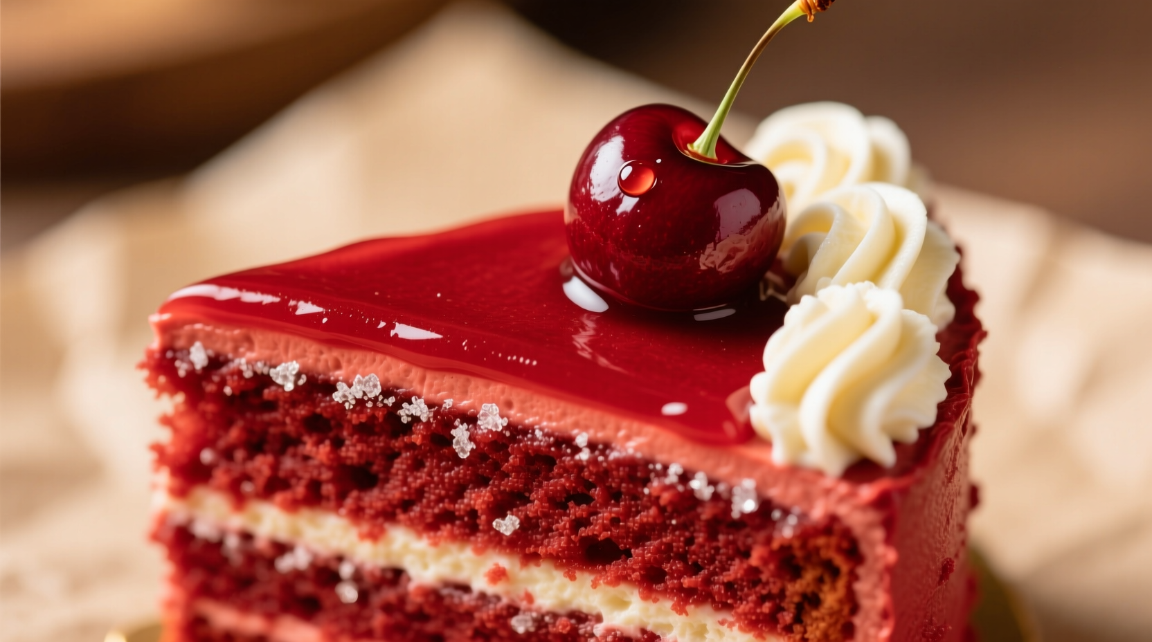 Close-up of red velvet cake slice showing texture