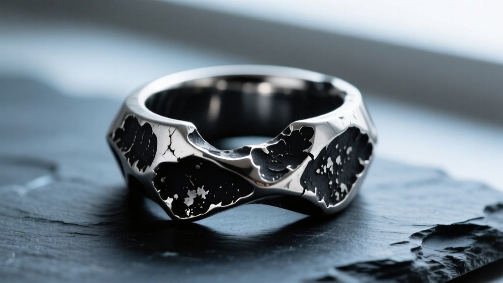Close-up of a heavy oxidized sterling silver brutalist ring with raw jagged edges and a matte black patina resting on dark slate