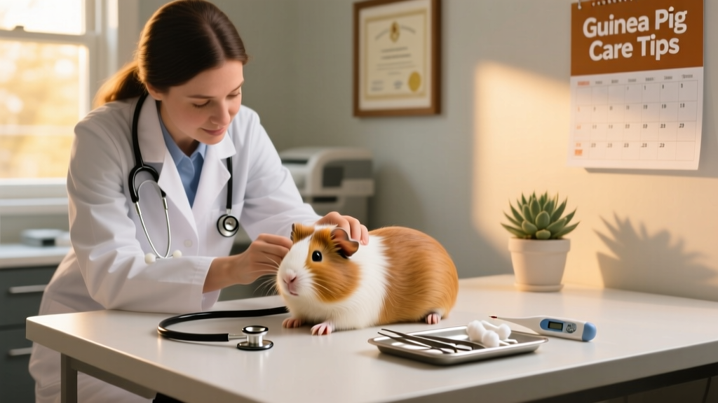 Veterinarian gently examining a calm guinea pig on a clean exam table, with a stethoscope and basic tools nearby