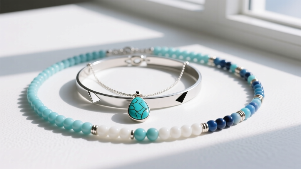 Flat lay of three layered necklaces showing a 16-inch silver choker, an 18-inch turquoise pendant, and a 24-inch beaded strand
