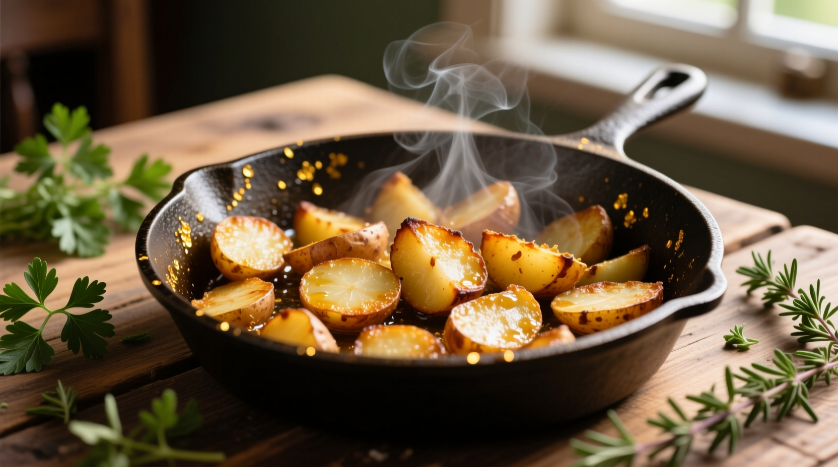 Golden brown potato hash sizzling in cast iron skillet