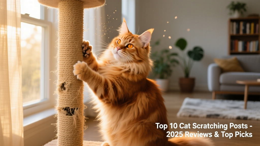 A ginger Maine Coon confidently scratching a tall, sisal-wrapped post beside a sunlit window