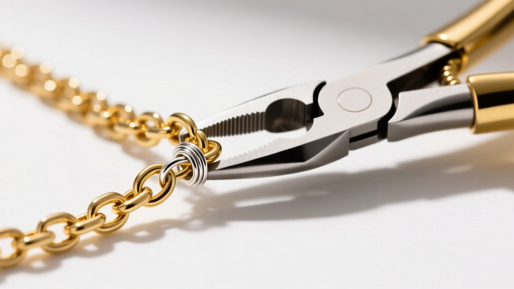 Macro shot of a gold-filled chain secured with a tiny sterling silver crimp tube and wire guardian using flat-nose jewelry pliers.