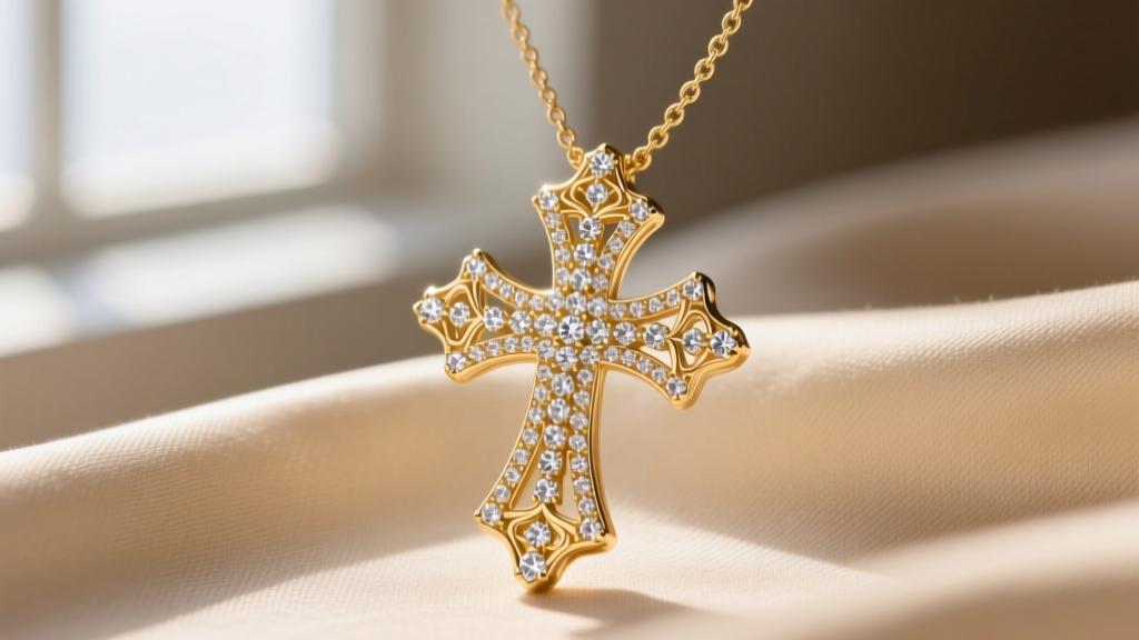 Close-up of a delicate 18k gold vermeil cross necklace with pavé cubic zirconia stones resting on a beige silk fabric backdrop.
