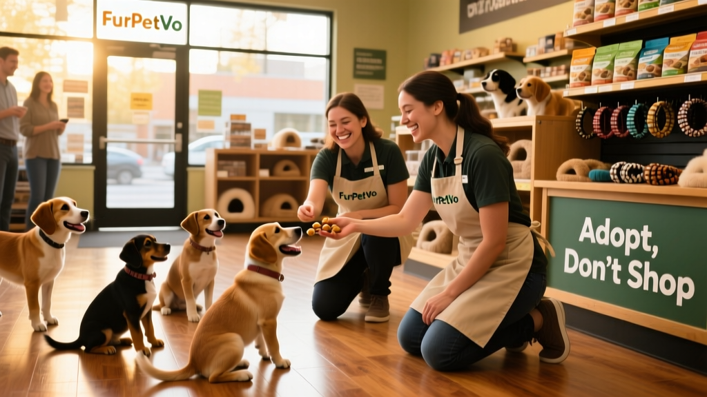 FurPetVo store hosting a dog adoption event with adoptable dogs and volunteers