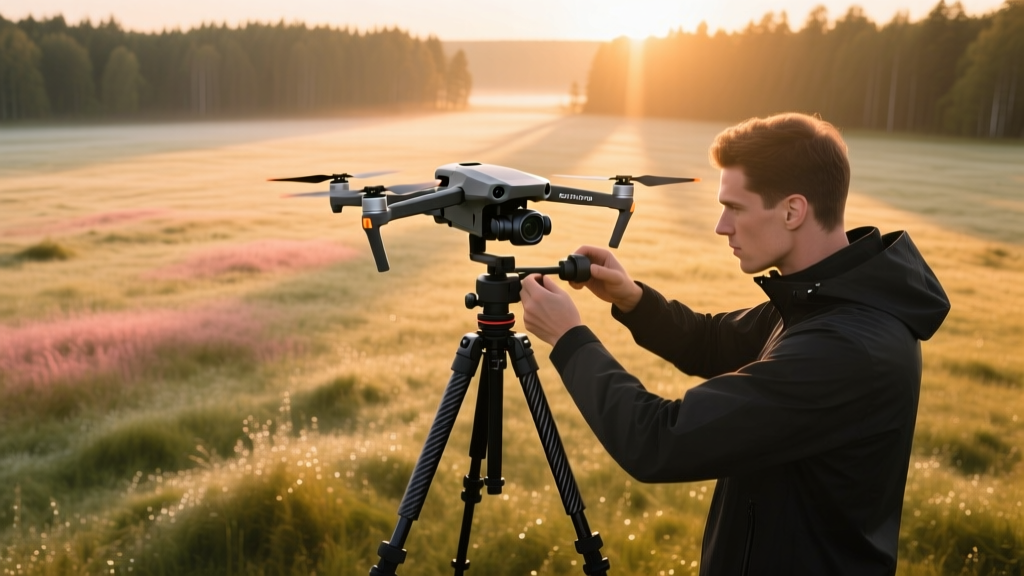 Professional aerial photographer adjusting the gimbal on a DJI Mavic 3 Pro drone on a carbon fiber tripod at sunrise