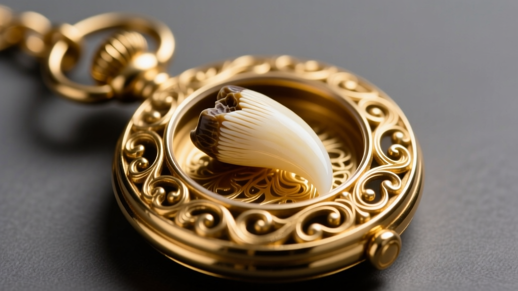 Macro shot of a Victorian gold watch fob with an animal tooth, showing bright metal against ivory dentin under warm studio light.