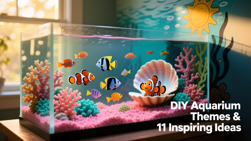 A vibrant, themed aquarium featuring colorful substrate, coral decorations, and tropical fish swimming near a Finding Nemo-inspired backdrop