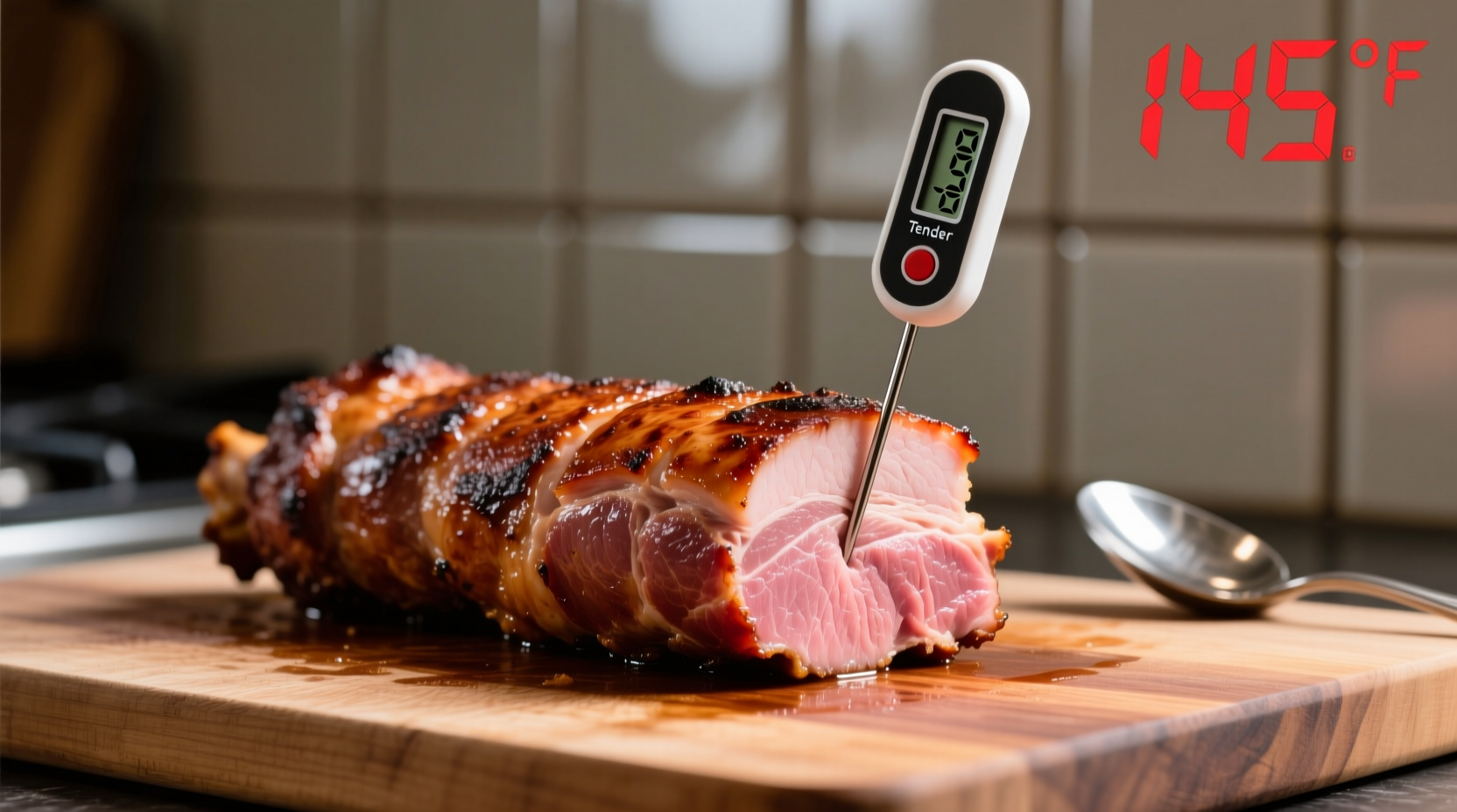 Thermometer showing 145 degrees in pork tenderloin
