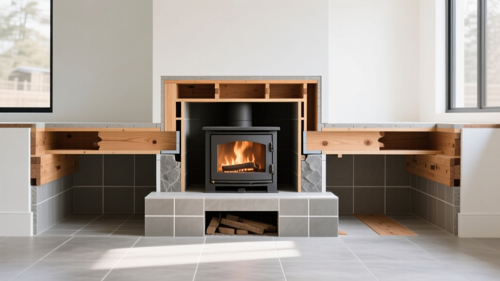 Cross-section diagram of reinforced floor joists supporting a heavy soapstone wood burning stove on a tiled masonry hearth in a modern home