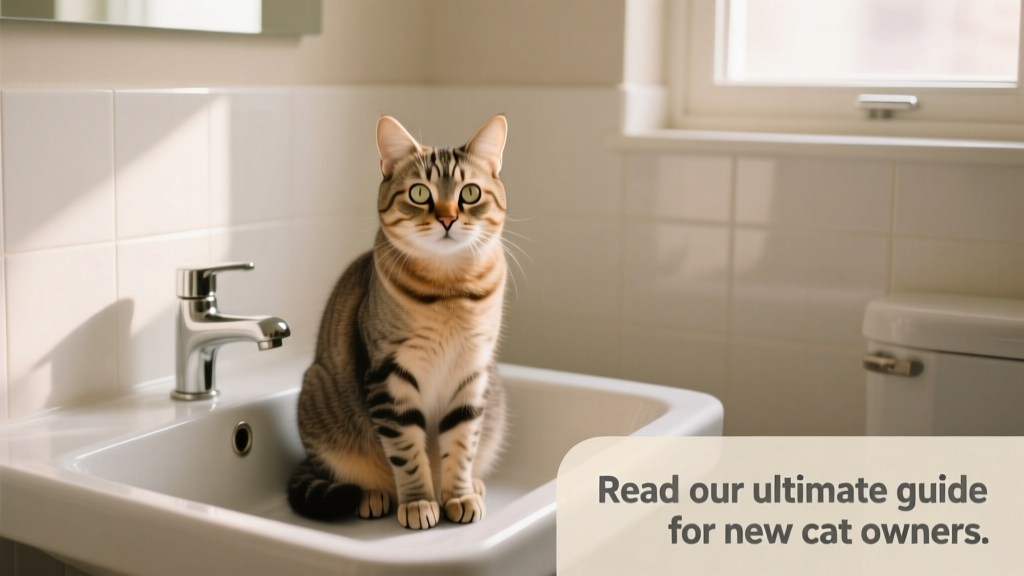 A cat sitting calmly in an empty bathroom sink, looking alert