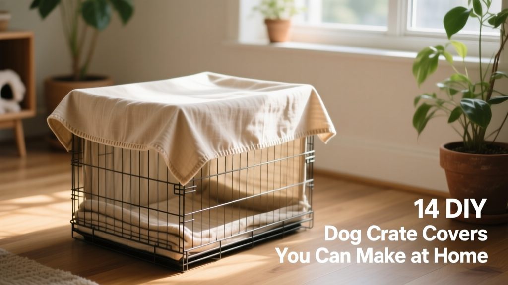 A neatly folded fabric crate cover draped over a wire dog crate, showing soft texture and neutral tones