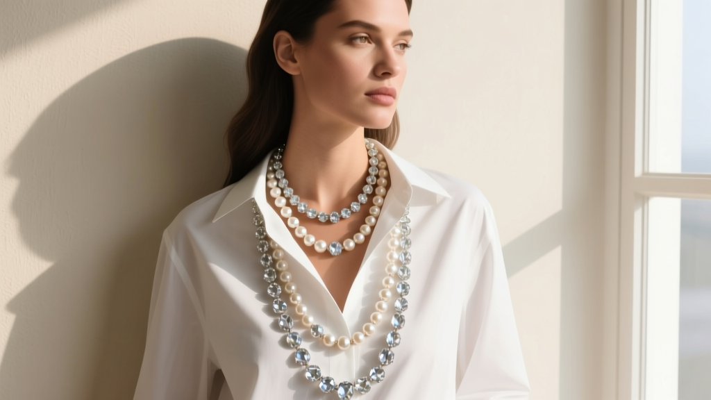 Model wearing a doubled 32-inch Lia Sophia long necklace over a white shirt, showing glass pearls and clear Austrian crystals.