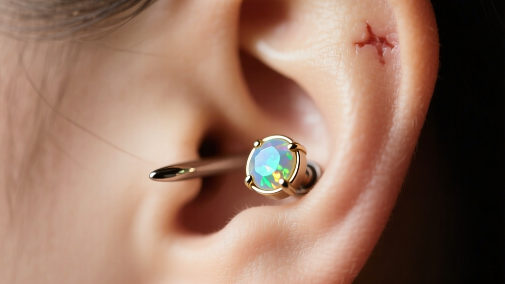 Side profile of a titanium flat-back labret stud in a healed helix cartilage piercing, featuring a small glowing opal gemstone.