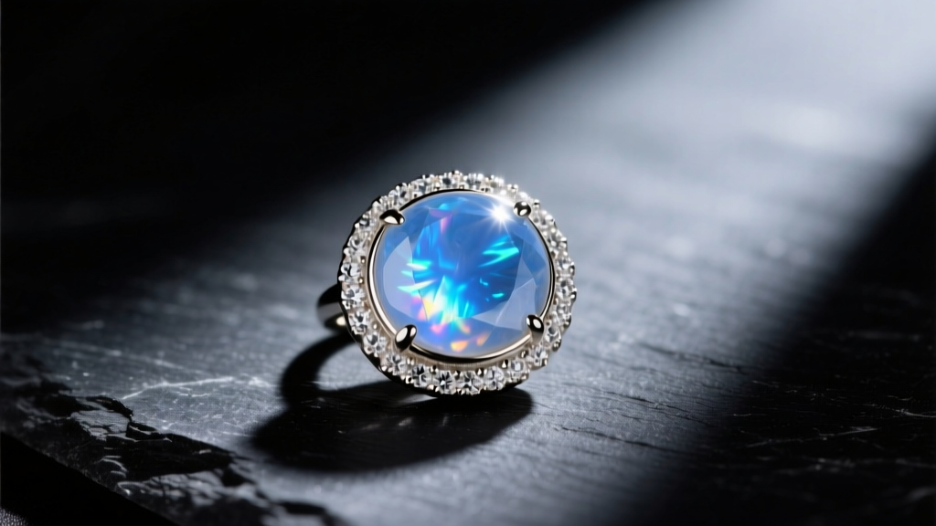 Close-up of a 14k white gold bezel-set blue moonstone pendant on dark slate, highlighting the stone's glowing blue adularescence.