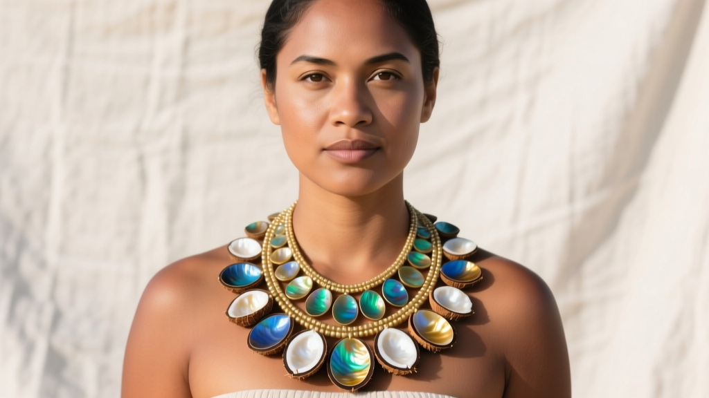 Woman wearing a layered Samoan mother-of-pearl and coconut shell necklace against linen, highlighting the iridescent shell finish.