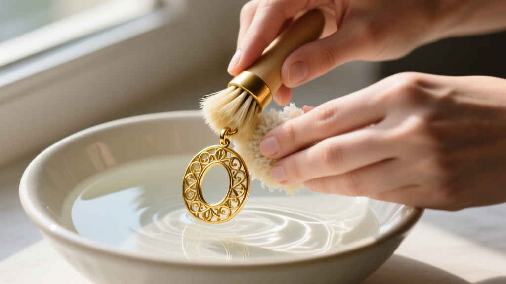 Hands gently scrubbing a gold Italy country pendant with a soft bristle brush over a ceramic bowl of soapy distilled water