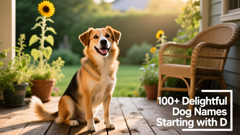 A happy, medium-sized dog smiling at the camera, sitting on a sunlit porch