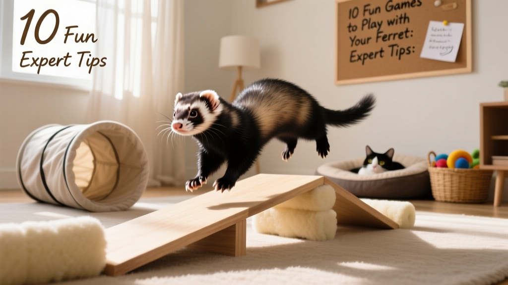 Ferret navigating a simple indoor obstacle course with tunnels, ramps, and soft barriers