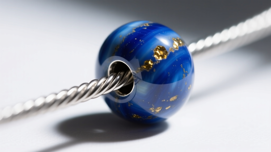 Macro close-up of nylon-coated steel jewelry wire threading through the 1mm hole of a polished blue lapis lazuli gemstone bead.