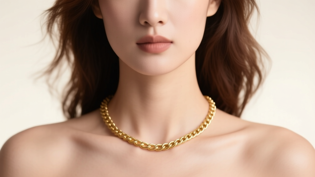 Woman wearing a delicate 16-inch 14k gold cable chain resting perfectly on her collarbone, illuminated by soft studio lighting