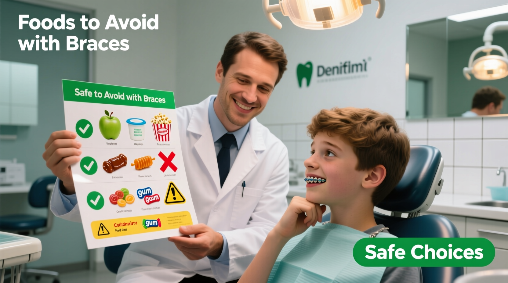 Orthodontist showing food chart to teenage patient
