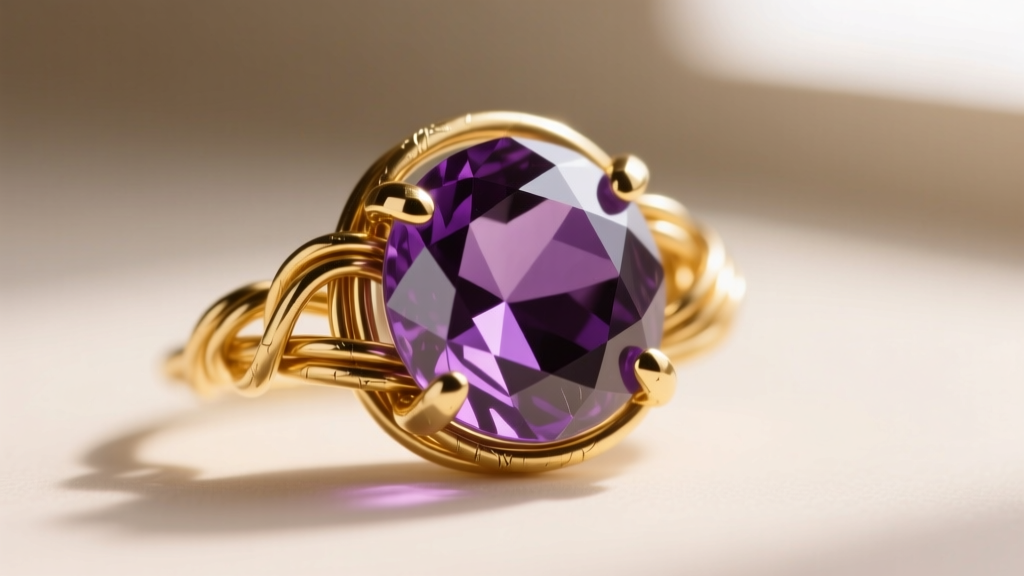 Macro view of 24-gauge gold wire wrapped around an amethyst briolette, highlighting metallic texture and a deep purple gemstone