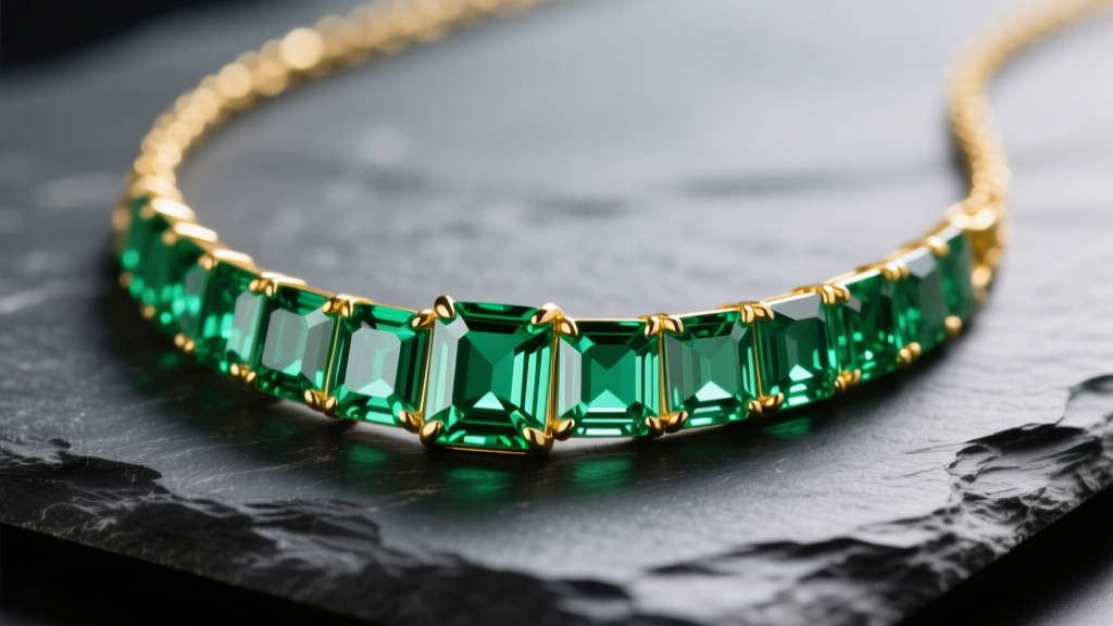 Macro shot of an 18k yellow gold emerald baguette necklace on dark slate, highlighting step-cut facets and vivid green color