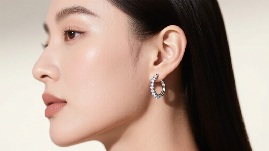 Side profile of a woman wearing a delicate 15mm inside-out hoop diamond earring in platinum, highlighting lobe fit and drape.