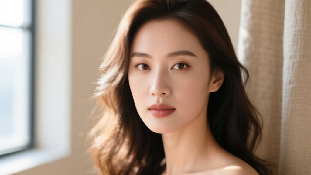 Close-up of a woman's ear wearing delicate 10mm 14k solid rose gold hoop earrings in a softly lit, minimalist studio setting