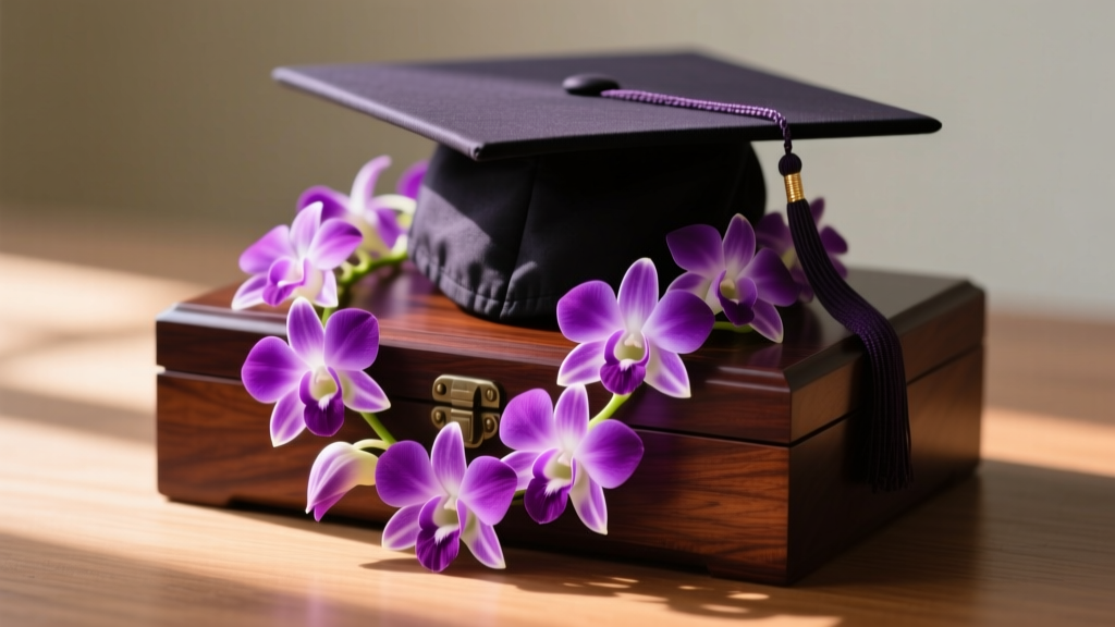 Close-up of a vibrant purple Dendrobium orchid lei necklace draped over a dark mahogany graduation cap box in soft natural lighting