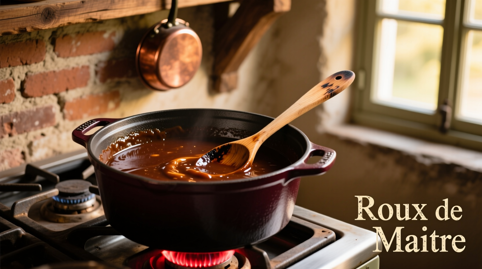 Dark roux in cast iron pot with wooden spoon