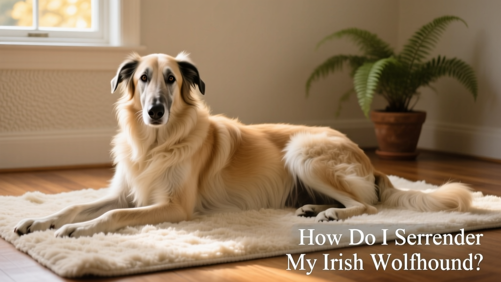 A serene Irish Wolfhound lying peacefully on a soft rug indoors, gazing calmly at the camera