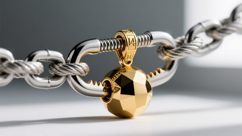 Macro shot of a heavy-duty lobster clasp connecting a stainless steel rope chain to a solid 14k gold eight ball pendant bail