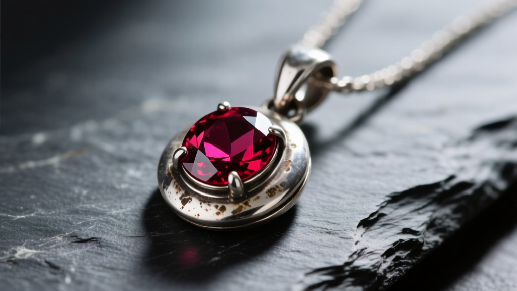 Close-up of a tarnished sterling silver ruby pendant on dark slate, showing dull metal contrasting with a vibrant red gemstone.