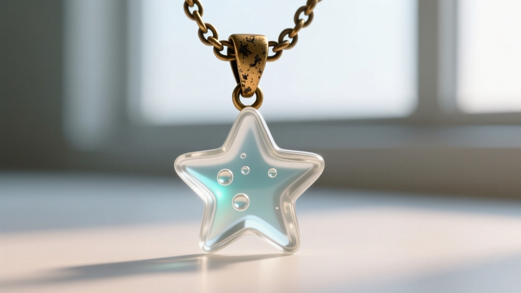 Macro shot of a vintage 1980s plastic charm necklace showing a tarnished brass jump ring connecting a clear Lucite star charm