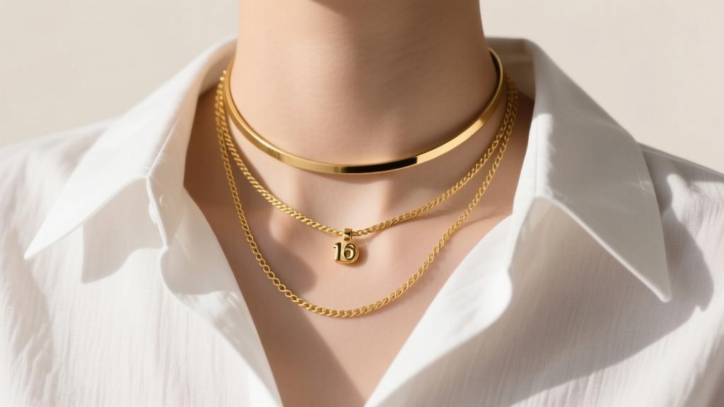 A 2mm gold choker layered with a 16-inch pendant and 20-inch rope necklace over a crisp white linen button-down shirt collar.