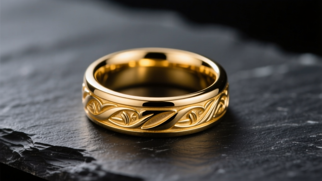 Macro shot of an 18k yellow gold signet ring on dark slate, showing an untarnished mirror-like surface under soft studio lighting