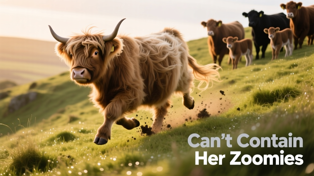 A fluffy Highland cow sprinting playfully down a grassy hill toward her herd