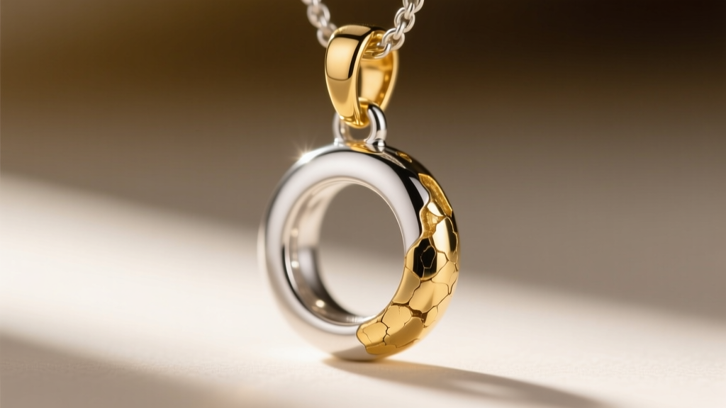 Macro shot of a silver pendant with 18k gold vermeil plating peeling slightly at the bail, revealing the bright base metal beneath