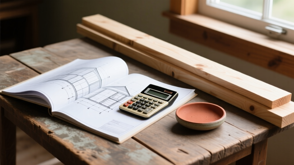 Architectural blueprints and a financial calculator resting on a wooden table next to a sample of Georgia red clay and framing lumber