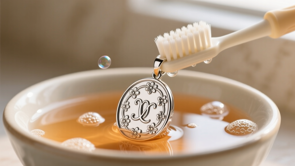 A soft-bristled baby toothbrush gently scrubbing a sterling silver cartouche pendant submerged in a bowl of warm soapy water.
