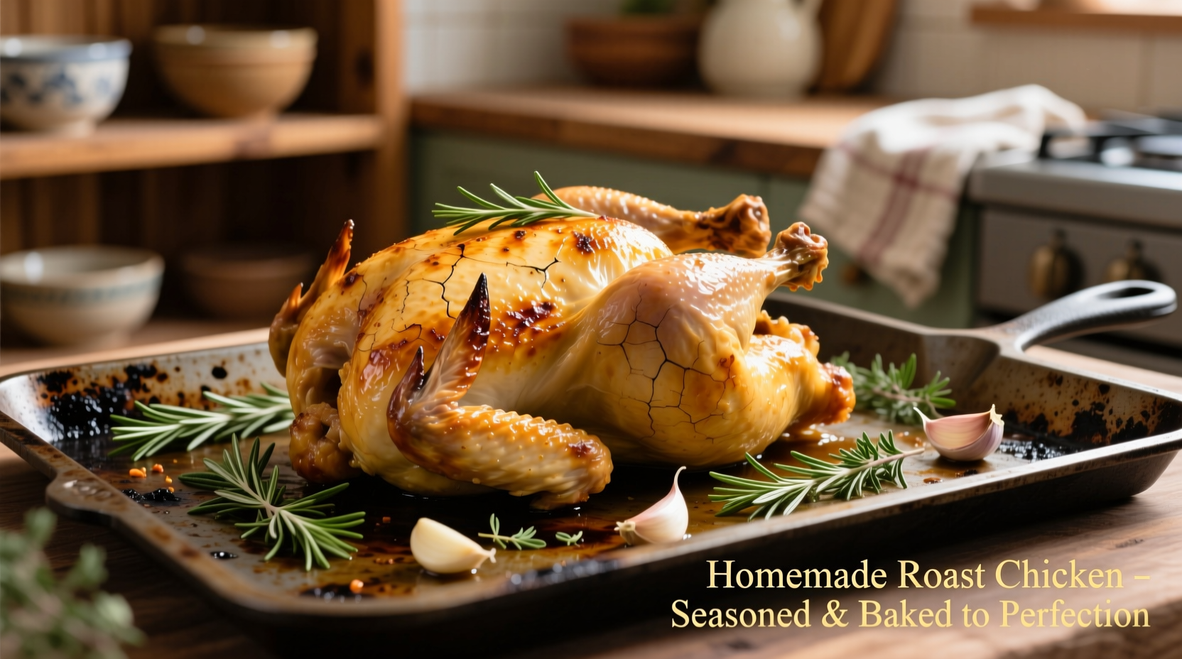 Golden roasted chicken with herbs on baking sheet